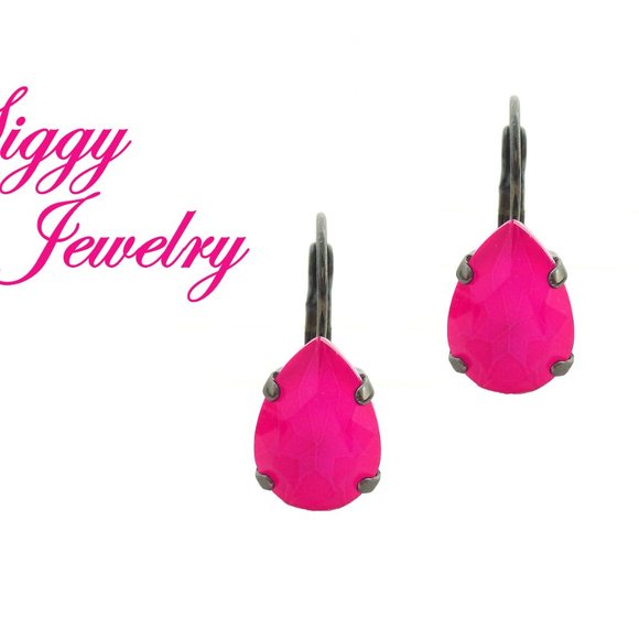Electric Neon Pink Crystal Pear Shaped Earrings, Hot Summery Pink Teardrops - Picture 1 of 5